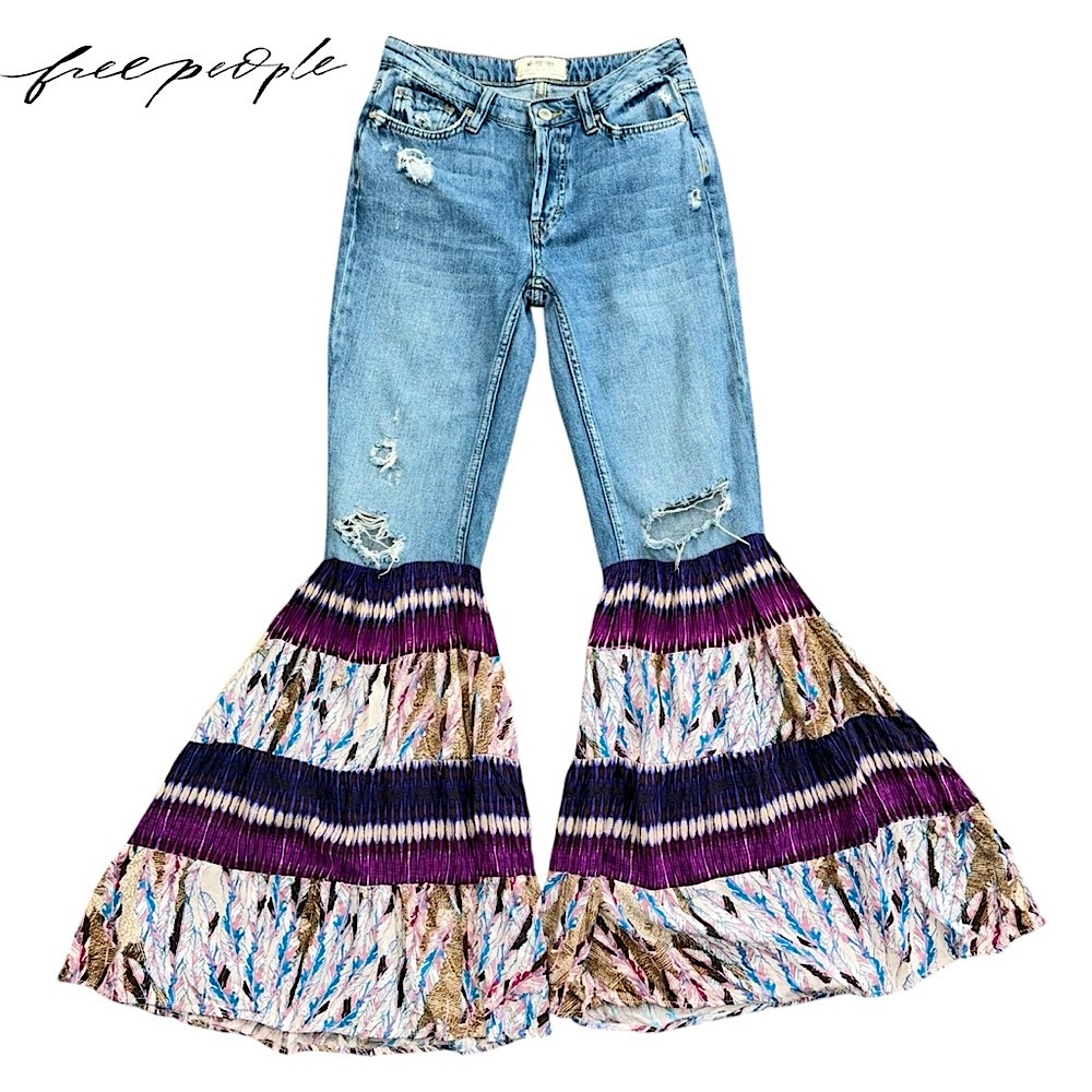 We The Free People Distressed Boho Patchwork Flare Bell Bottom Jeans 25 Boho - Picture 2 of 16